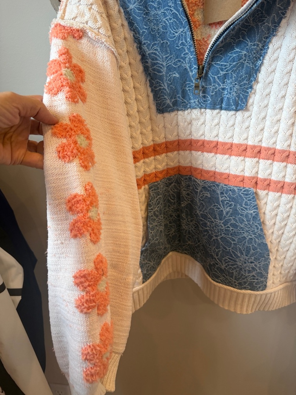 POL Cream Cable-Knit Hoodie with Blue Panels and Coral Stripes - Picture 2 of 5